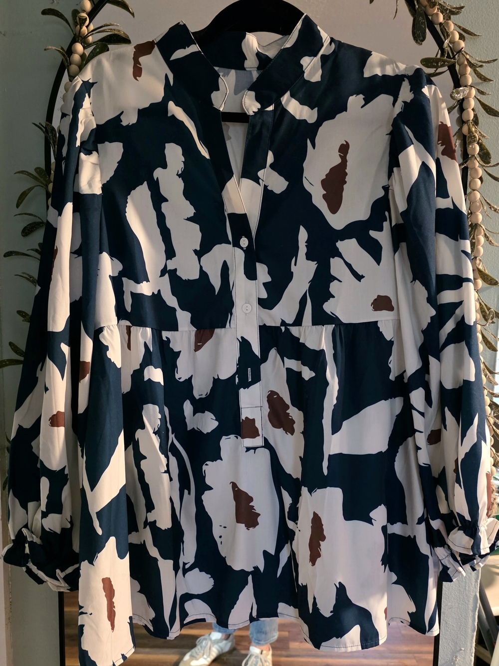 Abstract Print Long-Sleeve Peplum Blouse - Navy, White & Brown